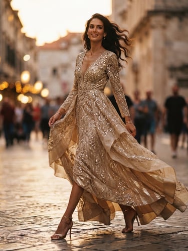 Low-angle full-length editorial shot of a model in a heavily embellished champagne gold party dress moving gracefully, warm dramatic golden-hour lighting, shallow depth of field, 35mm