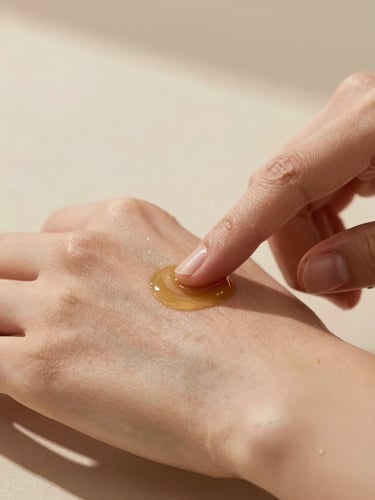 Macro close-up of hands applying organic oil to clean skin, soft diffused morning daylight, earthy olive tones
