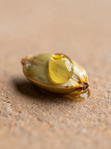 Macro close-up of raw golden jojoba oil dripping from a fresh seed, soft morning daylight, warm clay textured stone background, organic editorial photography, 35mm