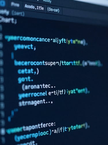 Moody technical macro photography of clean code on a screen, deep blue ambient office light, cool-toned cyan accent highlights, shallow depth of field