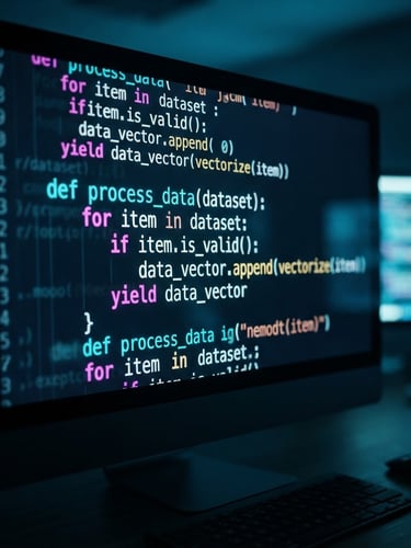 Macro photograph of clean code on a dark screen, sharp neon cyan light reflecting on the glass, moody ambient office lighting, shallow depth of field