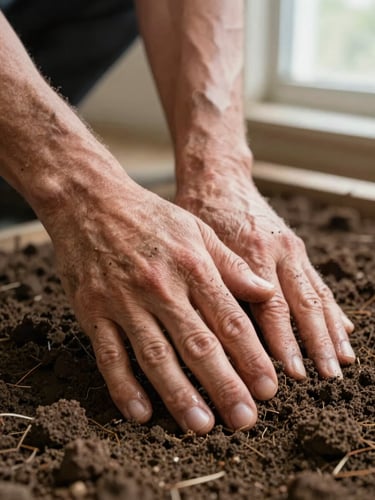 Close-up of a farmer's hands pressing into dark, moist soil, fingers partially buried, natural diffused morning light from a nearby window, shallow depth of field, rough texture of earth visible in detail