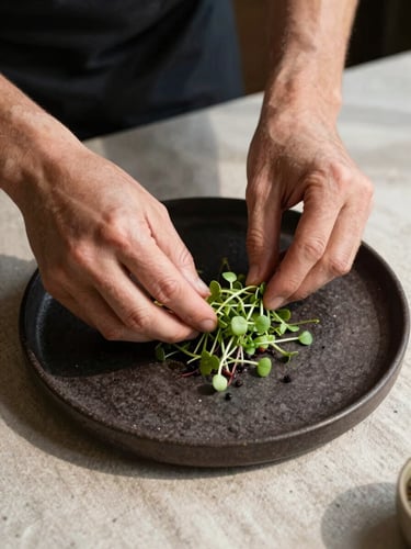 Close-up overhead of a chef's hands arranging microgreens on a dark stoneware plate, natural side-window light casting soft shadows, rough linen surface visible at the edges, shallow focus