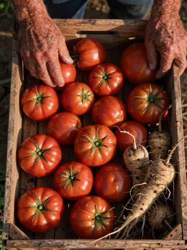 Overhead wide shot of a harvest crate filled with freshly picked tomatoes and root vegetables, a pair of calloused hands resting at the edge of the crate, late afternoon warm light casting long shadows across the wooden slats, earthy textures and imperfect shapes visible