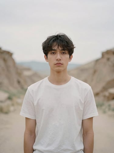 Wide environmental portrait of a subject framed against the soft overcast sky of a Casper canyon, muted neutral tones, shallow depth of field, 35mm film aesthetic