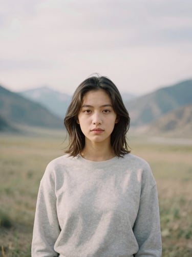 A striking environmental portrait of a person standing in a quiet Wyoming valley during soft overcast daylight, 35mm film aesthetic, shallow depth of field