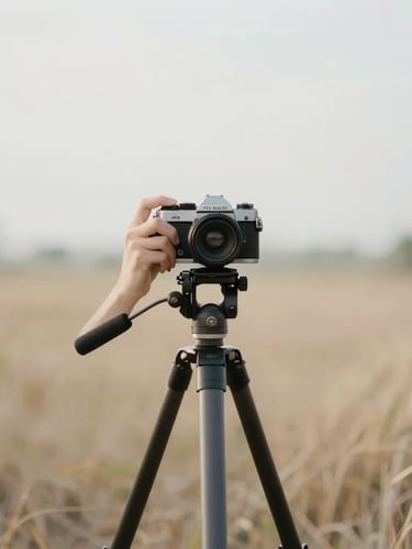 A minimalist environmental portrait of a photographer adjusting a vintage camera on a tripod, soft overcast daylight, dry grass background.