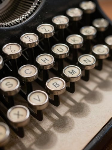 Extreme close-up of vintage typewriter keys, dust settled in the metal crevices, harsh directional desk-lamp lighting casting long shadows across textured parchment paper.