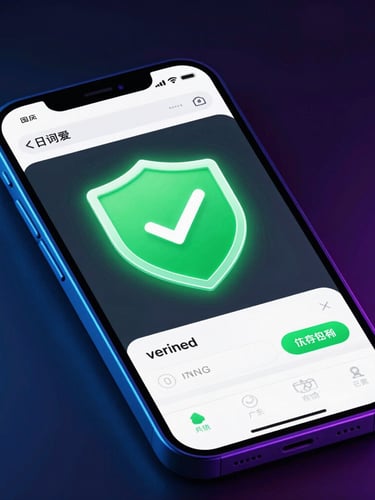 A close-up of a mobile screen showing a verified green shield badge and transaction logs, glowing neon green and electric blue lighting, dark high-contrast background, vibrant 3D render