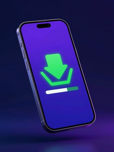 Sleek smartphone mockup floating against a dark neon blue background, displaying a green download progress bar on screen, high-contrast studio lighting, vibrant 3D render