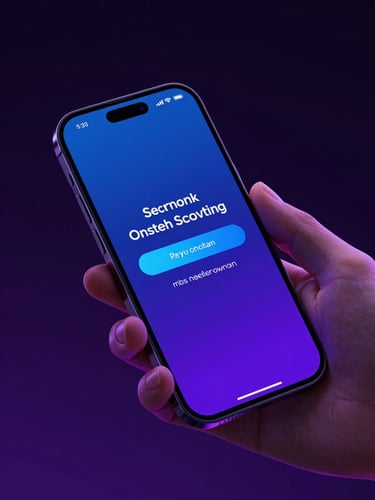 Sleek modern smartphone displaying a secure transaction success screen with neon blue accents, held by hands in a dark room with purple backlighting, vibrant 3D render, high-contrast dark background, cinematic