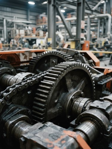 Industrial documentary photography, close-up of heavy steel gears in a Chilean mining facility, cool overhead warehouse lighting, sharp focus, 35mm