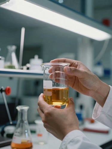 Cool fluorescent lighting in a modern chemical laboratory, close-up of a technician's hands holding a glass beaker with amber-colored oil, steel instruments in background, 35mm.