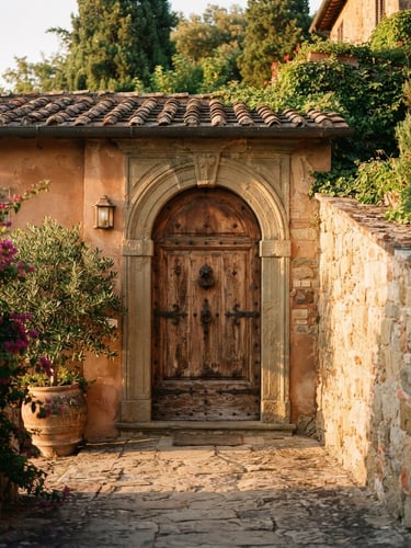Sidelit architectural detail of a historic Italian villa entrance at golden hour, warm shadows on stone pathways, 35mm film style, shallow depth of field
