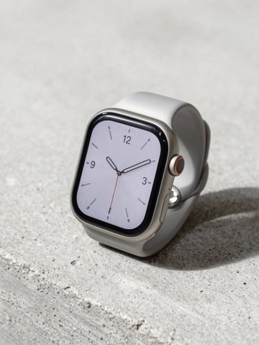 Premium modern smartwatch resting on a raw concrete surface, crisp natural side-lighting, soft shadows, 35mm lens, sharp focus on brushed titanium texture