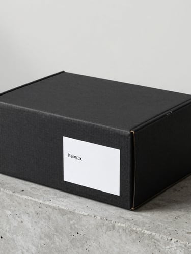 A minimalist matte-black cardboard shipping box with a clean white Kamrax label, resting on a raw concrete ledge, soft morning side-light, sharp focus on paper texture