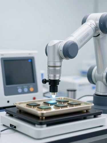 Clinical cleanroom laboratory with technical testing equipment, a robotic arm inspecting a tray of microchips, bright neutral white light, sharp focus.