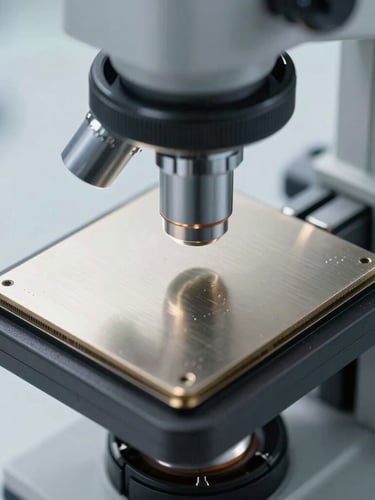 Clinical close-up of a legacy silicon die under a laboratory microscope, cool silver and slate tones, bright neutral cleanroom lighting, sharp focus.