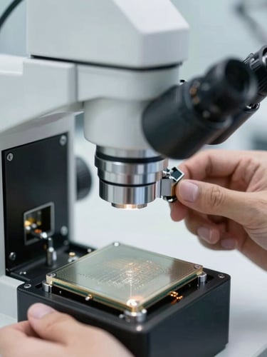 Clinical industrial photography of an engineer inspecting a silicon die under a high-magnification microscope, bright white laboratory lighting, sharp focus