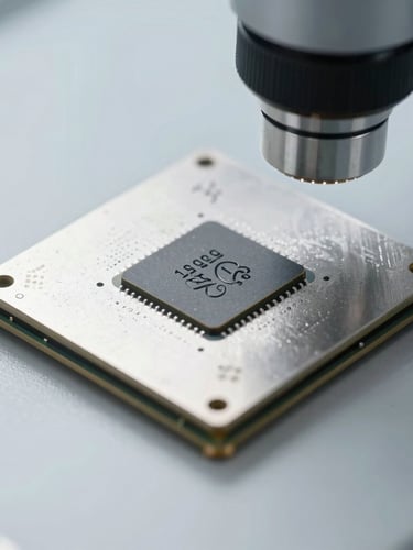 Macro photograph of a silicon microchip under a clinical cleanroom microscope, sharp focus on the die markings, cool silver and slate tones.