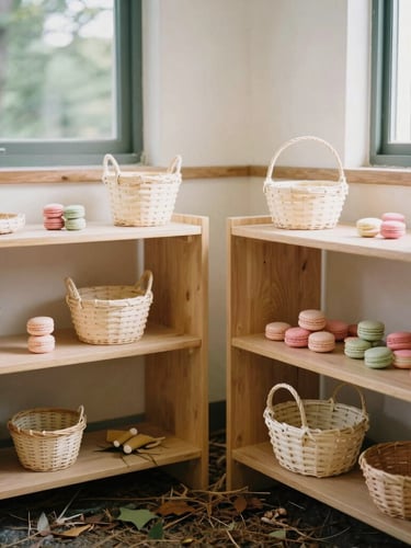 Warm editorial photography of a sunlit classroom corner with low wooden shelves, handcrafted baskets, and natural objects from the forest floor, soft morning daylight, gentle macaron pastel tones, shallow depth of field, candid, 35mm film style