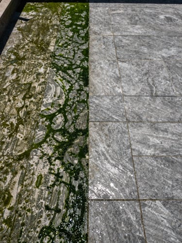 Wide environmental split-frame: left half shows a patio surface thick with dark green algae and weathered grime in harsh midday sun, right half shows the same stone gleaming clean and light-reflecting after high-pressure washing — sharp diagonal boundary between dirty and clean, no furniture, no people, full surface fill