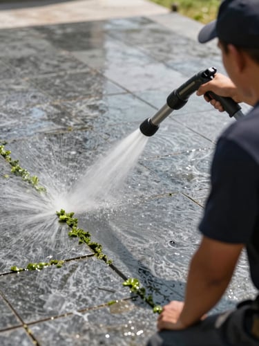 Medium shot from behind and slightly above a worker directing a high-pressure wand at a stone patio surface, white jet of water hitting grey stone, green algae being blasted away at the spray edge, bright midday sun, no face visible, focus on the wand and the clean line advancing across the surface