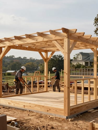 A clean, organized outdoor construction site in Virginia, professional carpenters assembling a timber pavilion frame under bright overcast daylight, editorial style.