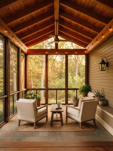 Straight-on architectural photography of a finished screen porch during golden hour, rich natural wood rafters, warm sunlight filtering through screens.