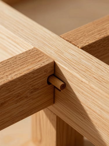 Macro detail shot of a hand-cut mortise and tenon joint in Virginia white oak, showing the wooden peg driven through the interlocking timber beams.