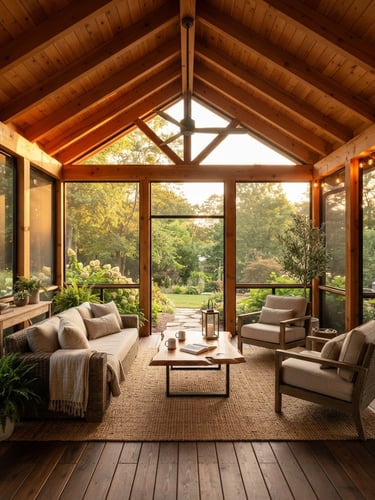Straight-on architectural photograph of a finished screen porch during golden hour, warm sunlight filtering through screens, rich natural wood rafters, editorial style.