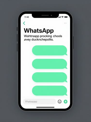 Front-facing high-fidelity smartphone mockup displaying a WhatsApp chat screen with a clean marketing message, vibrant mint green bubbles, sharp focus