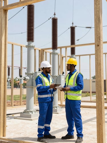 Wide shot of a professional Nigerian electrical engineer in high-visibility HSEQ gear inspecting a power substation under bright daylight, architectural framing