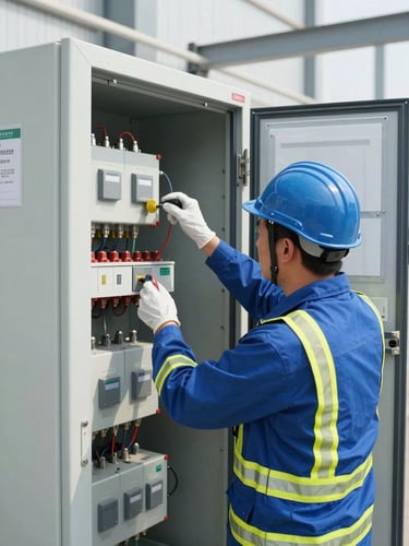 Medium shot of a certified electrical engineer in safety gear performing commissioning and testing on a 33kV switchgear panel, bright daylight