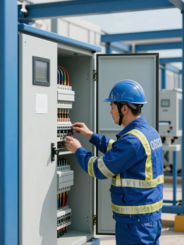 Technician in high-visibility HSEQ gear inspecting an electrical control panel, bright daylight, professional industrial photography, 35mm