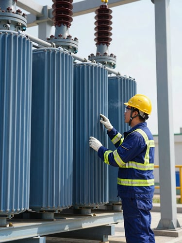 An industrial technician in high-visibility HSEQ gear, wearing a hard hat and safety glasses, inspecting a high-voltage transformer under bright daylight.
