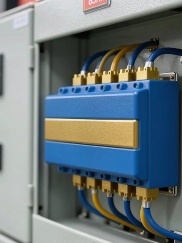 Close-up of industrial electrical control panels with gold and blue wiring, sharp focus, professional industrial photography, 35mm