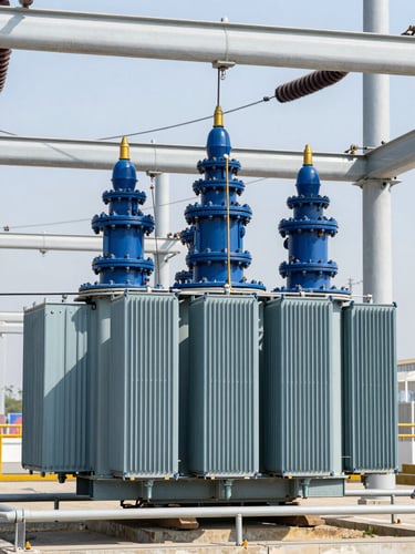 A close-up of a high-voltage industrial transformer and power infrastructure, bright daylight, professional industrial photography, 35mm