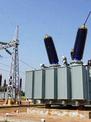 Wide-angle architectural shot of a massive electrical substation in Nigeria, high-voltage transformers under crisp bright daylight, blue sky, professional industrial photography, 35mm.