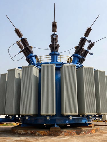 Professional industrial photography, wide shot of a massive electrical transformer station in Nigeria under bright daylight, deep royal blue accents, sharp focus, 35mm