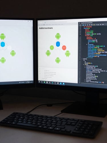 Close-up of a developer workstation, two monitors displaying Android architecture diagrams and code, cool monitor glow as primary light source, keyboard in foreground, right-frame composition with dark background