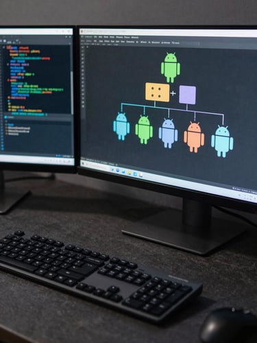 Close-up wide shot of a developer workstation, dual monitors displaying Android architecture diagrams and Kotlin code, cool monitor glow on a charcoal desk surface, keyboard in foreground mid-keystroke, no people visible