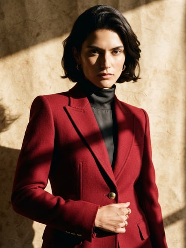 Studio portrait of a model wearing a structured crimson wool blazer, sharp directional shadows, crisp parchment background, editorial styling