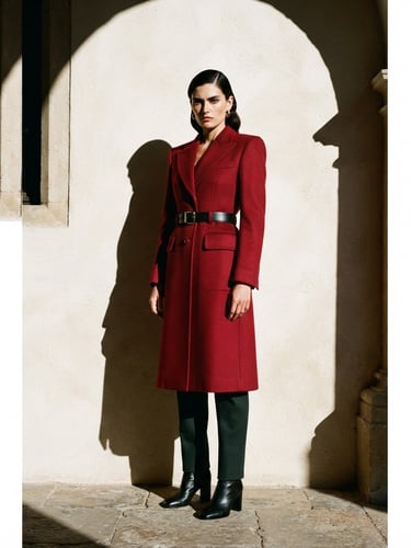 Editorial medium-long shot of a model in a structured crimson coat standing against a crisp parchment wall, sharp architectural shadows, 35mm lens.