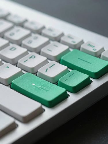 Sleek corporate digital aesthetic, macro shot of a high-end keyboard under cool studio lighting with emerald green accents, sharp focus, 35mm