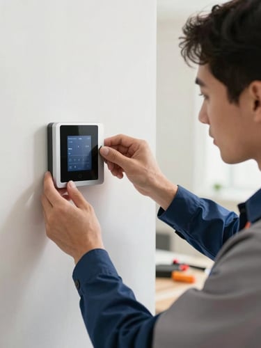 Medium close-up of a professional technician in a clean uniform carefully mounting a sleek smart home control panel on a wall, hands focused, organized tools nearby, natural indoor light, 35mm lens