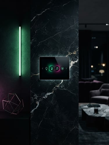 Sleek smart home touch panel integrated into a dark marble wall, moody low-key interior lighting, vibrant green neon accent, 35mm lens
