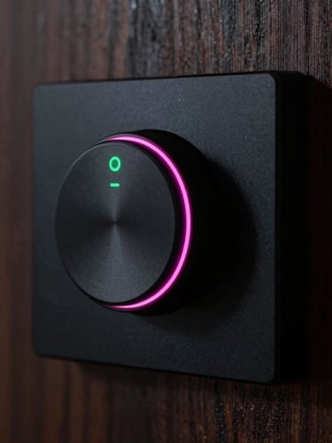 Close-up detail of a premium matte-black smart home wall controller, glowing magenta neon accent lines around the physical volume knob, integrated into a dark wood panel, moody low-key lighting, sharp details, 35mm lens