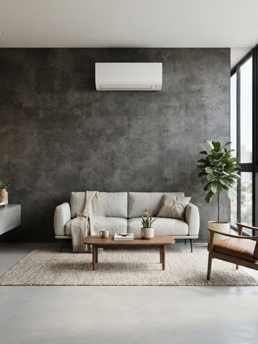 Crisp architectural photography of a modern minimalist living room in Maringá, a sleek white split air conditioning unit integrated seamlessly high on a dark concrete wall, bright natural indoor daylight, professional and precise.