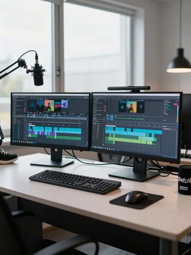 Wide shot of a modern streaming and editing station, dual monitors glowing with timeline software, a quality microphone arm in the foreground, sneakers and a small merch item on the desk edge, bright north-facing window light filling the room, cables neatly managed, authentic and lived-in